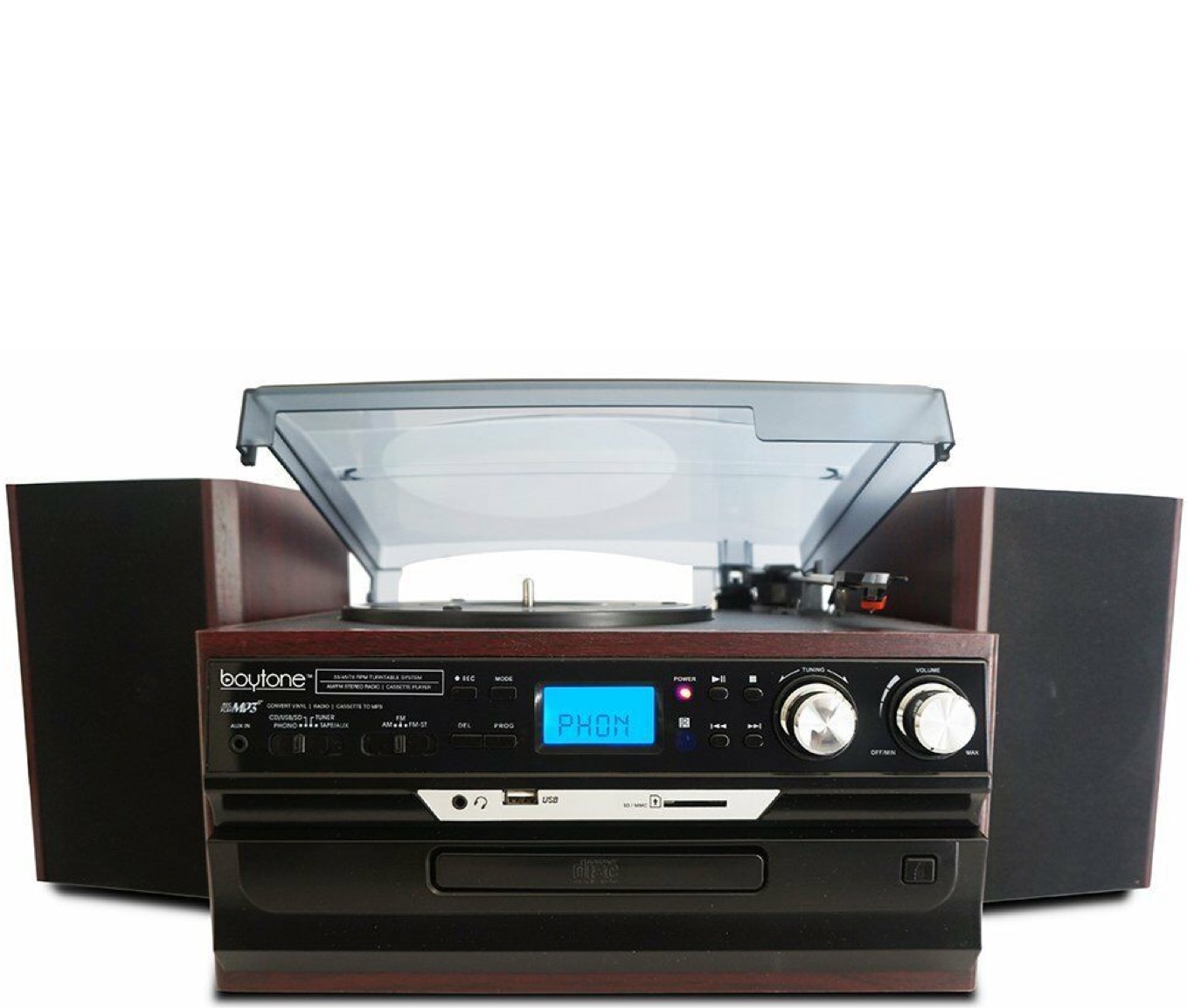 Boytone BT-25CH 8-in-1 Natural Wood Turntable Bluetooth AM/FM Cassette USB SD MP