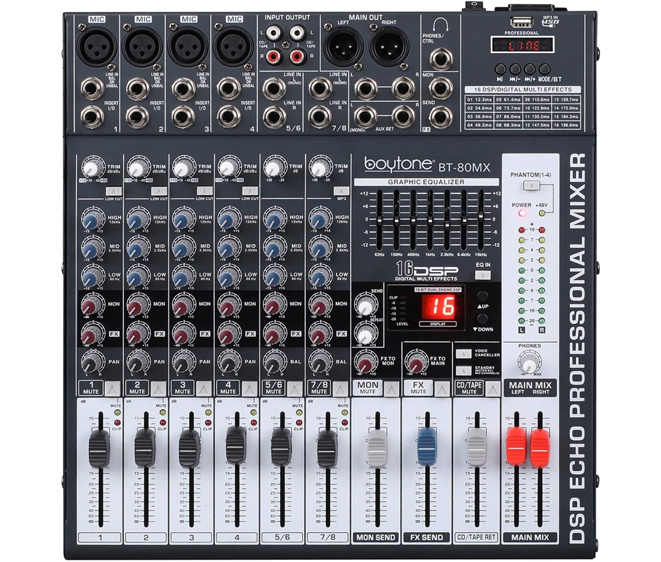 8-Channel Audio Mixer DJ Controller Band EQ, 16 Effects & USB | Boytone